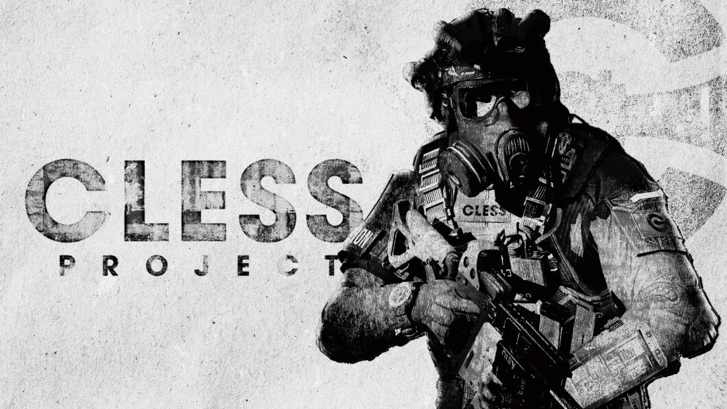 L'affiche de CLESS Project : un soldat en tenue de combat avec un masque à gaz, en noir et blanc