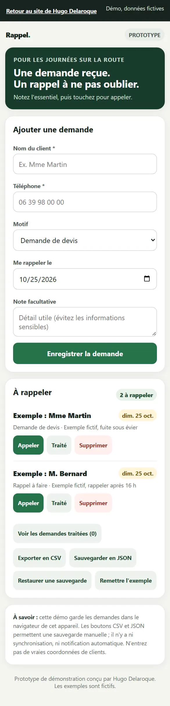 L'outil Rappel sur téléphone, avec le formulaire Ajouter une demande et la liste des personnes à rappeler