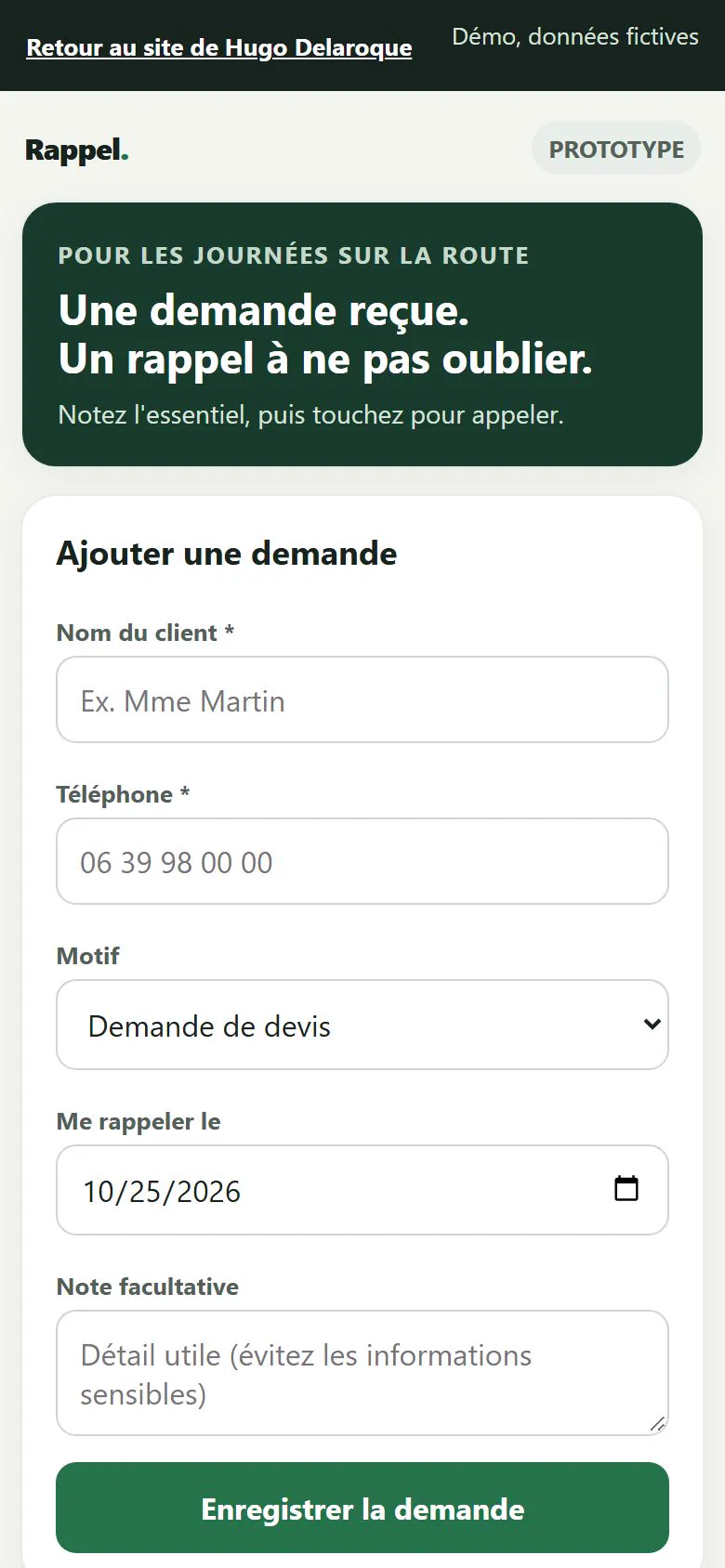 L'outil Rappel sur téléphone, avec le formulaire Ajouter une demande